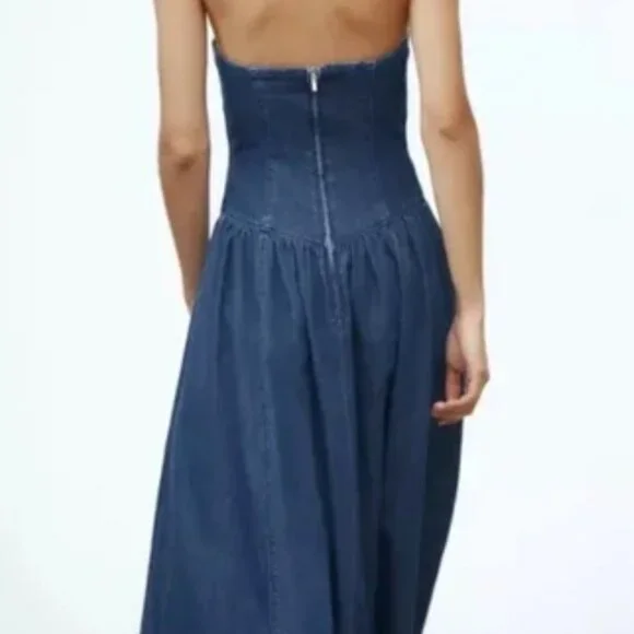 ZARA TRF STRAPLESS DENIM DROP WAIST MIDI DRESS - Picture 3 of 7